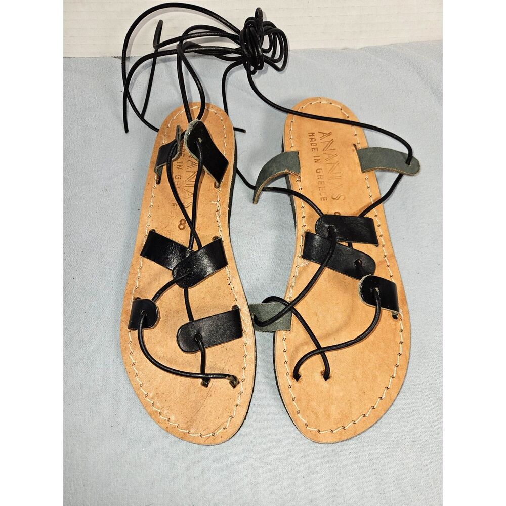 Ananias Made in Greece Leather Lace Up Gladiator Sandals Size 9 Black New